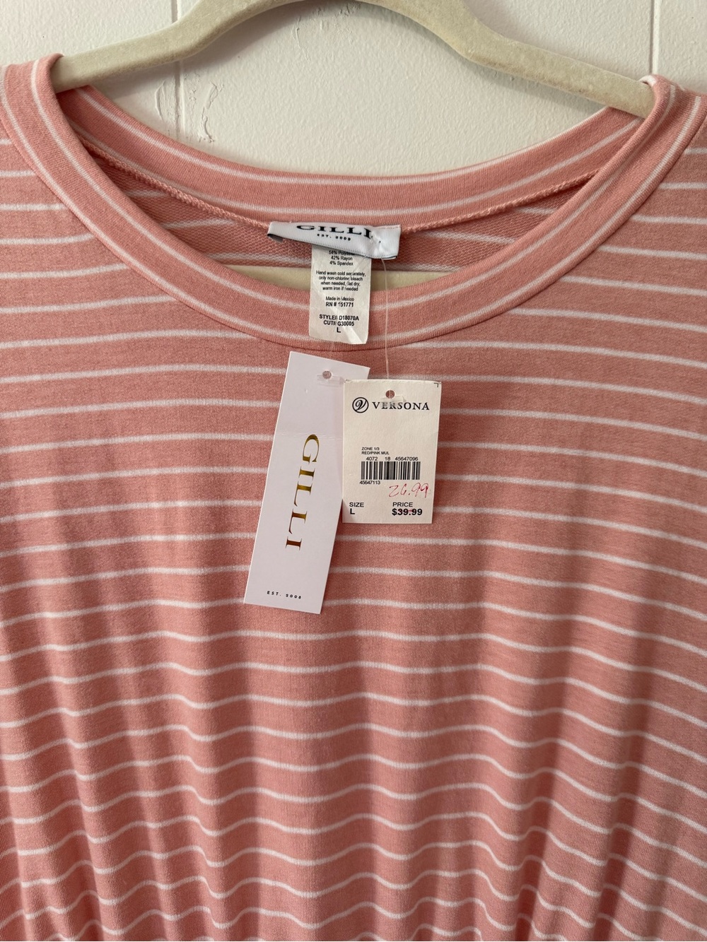 Gilli Pink and White Striped Short Sleeve Drawstring Waist Dress - Picture 2 of 8